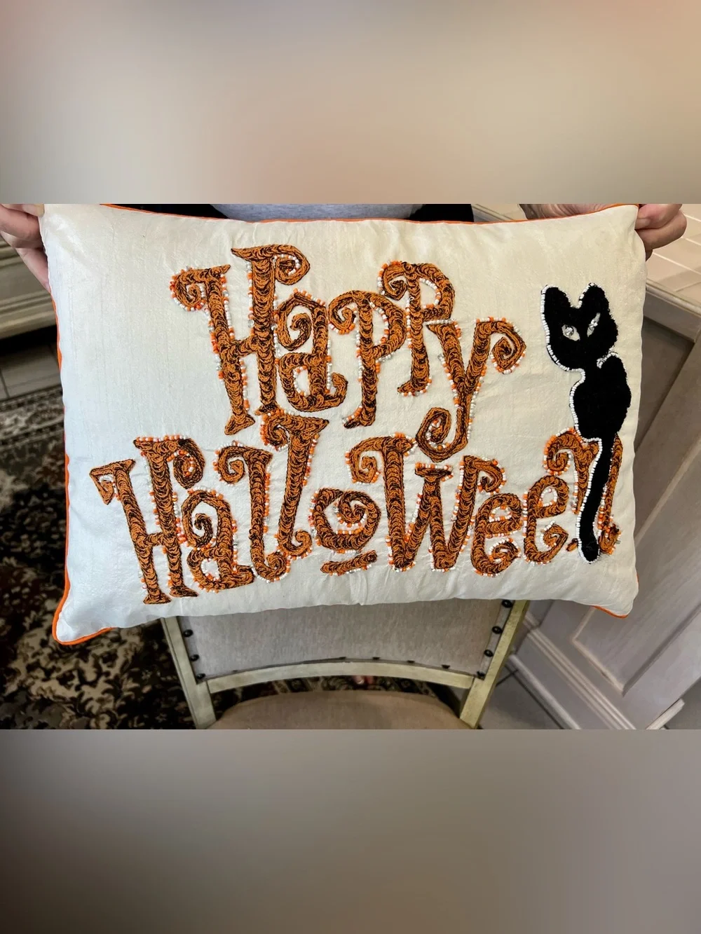 Happy Halloween Decorative Pillow - White with Orange and Black is NWT